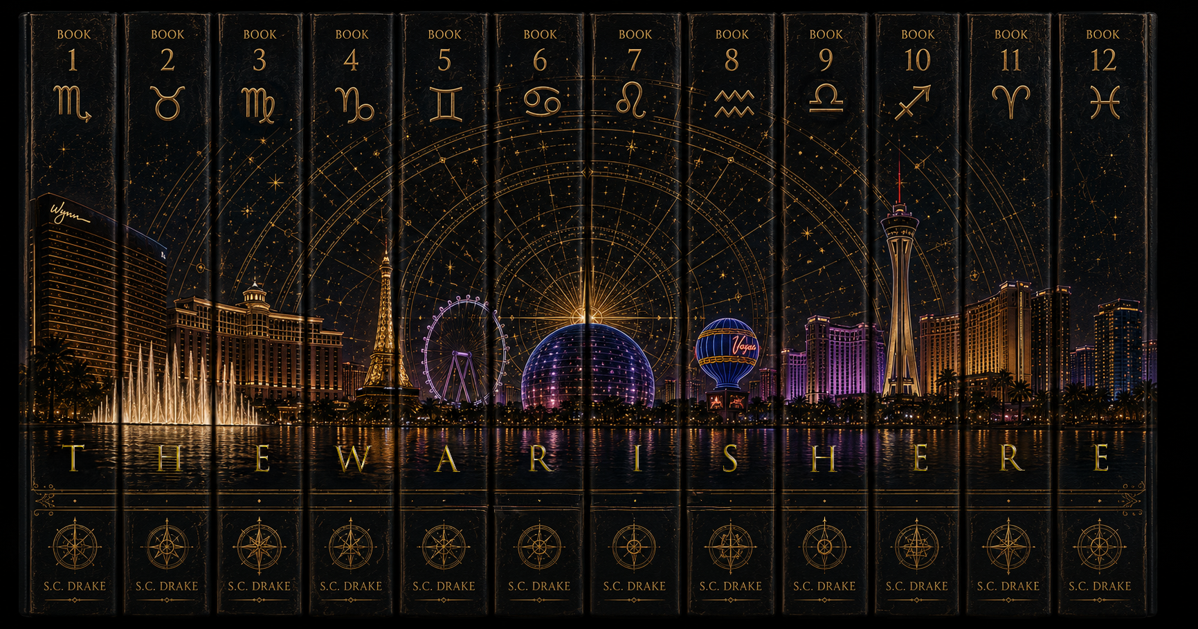 Twelve When Stars Align collector edition spines forming a Las Vegas panorama